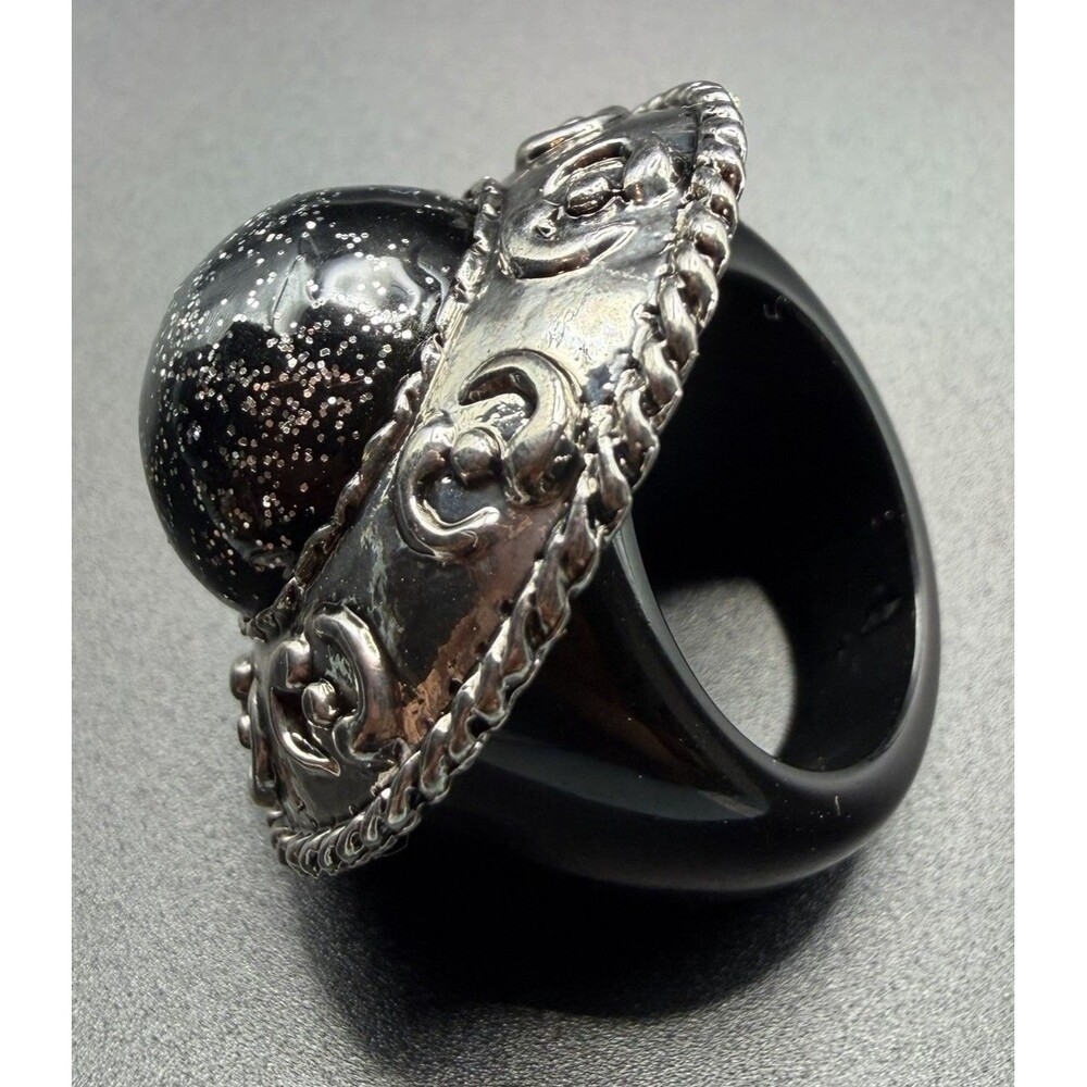 Y2K Chunky Black Lucite Ring Size 7 Glitter Dome Resin Silver Statement Vintage